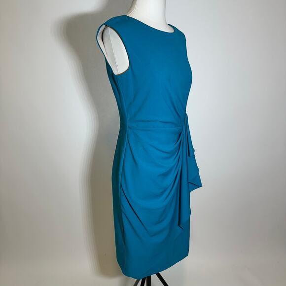 NWT New Directions Turquoise Faux Wrap Gather Sleeveless Sheath Dress Womens 6 - Picture 4 of 13